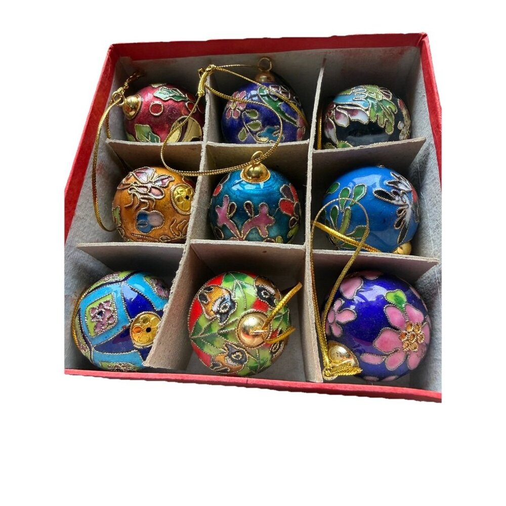Vintage 2” Cloisonne Christmas Ornaments Lot Of 9 Original Box Perfect Condition